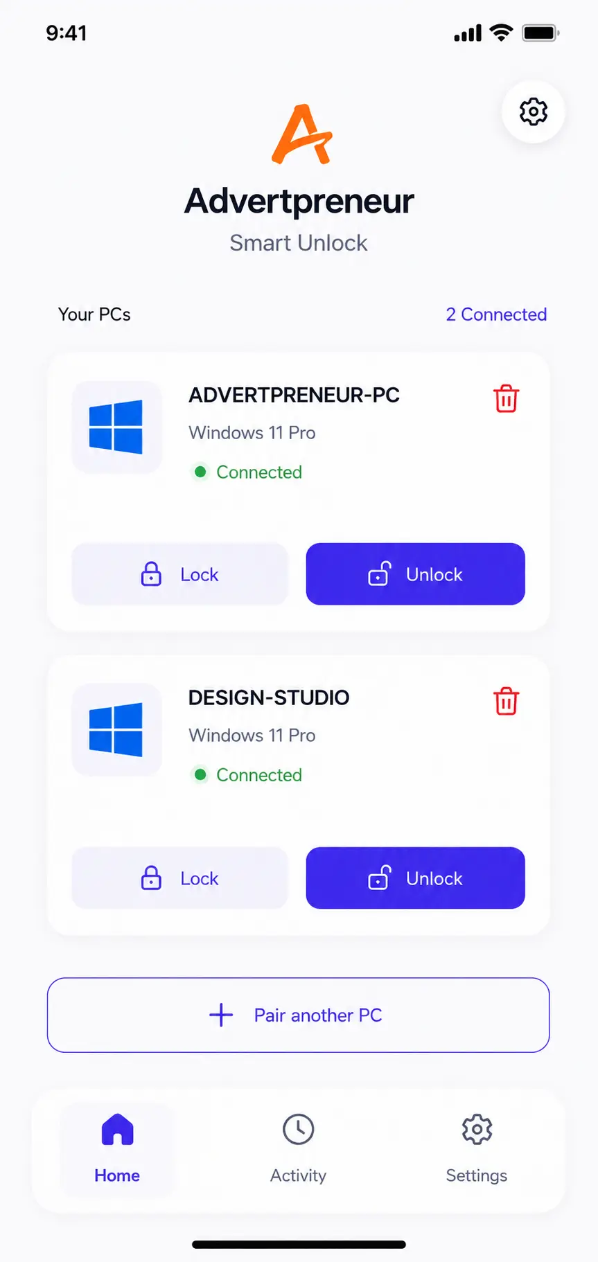 Smart Unlock Android dashboard with two connected Windows PCs