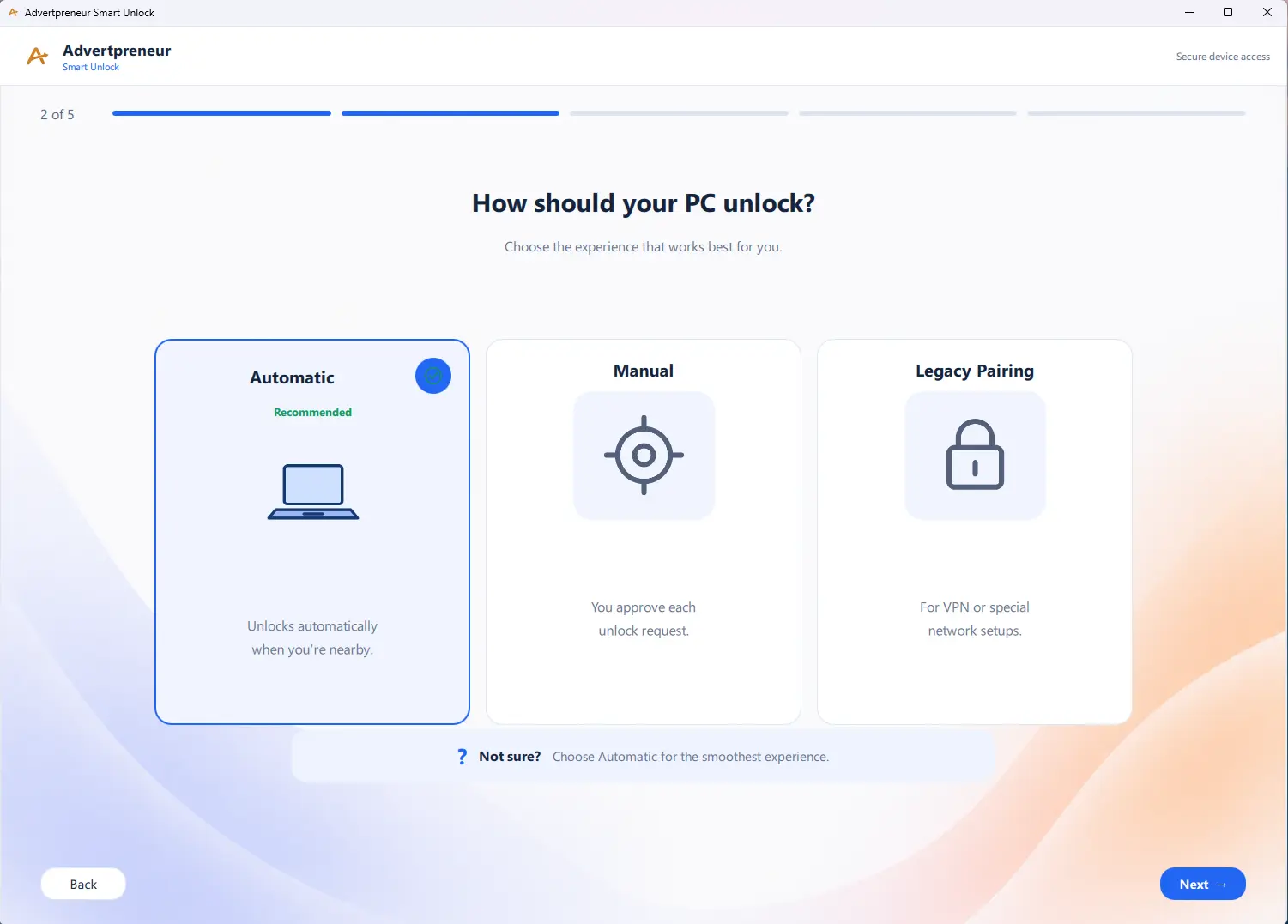 Choose the Windows unlock experience